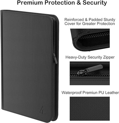 Rayvol Premium 1000 Pockets Card Binder, 16-Pocket Ringless Trading Card Album Folder - Side Loading UltraSonic-161024 Tech Zip Binder for TCG -Black