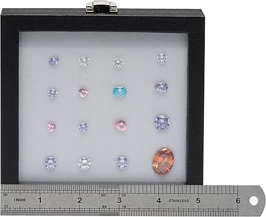Jewelry Display Case Tempered Glass Top Lid Black Leatherette,Gemstone Display Case Jewelry Storage Box with Metal Clasp (Medium)