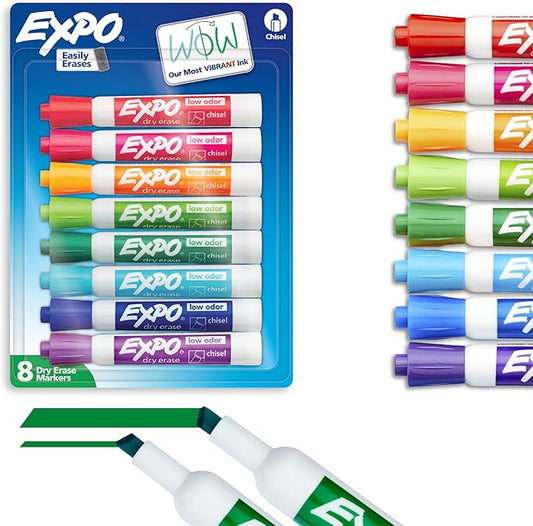 EXPO Low Odor Dry Erase Markers, Chisel Tip, Assorted Colors, 8 Count