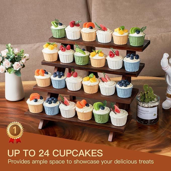 Wooden Rustic Cupcake Stand for 24 Cupcakes, Stepped Wood Display Stand for Weddings, Tiered Party Table Display Riser for Food , Dessert, Cookie, Decor, Craft Show, Brown
