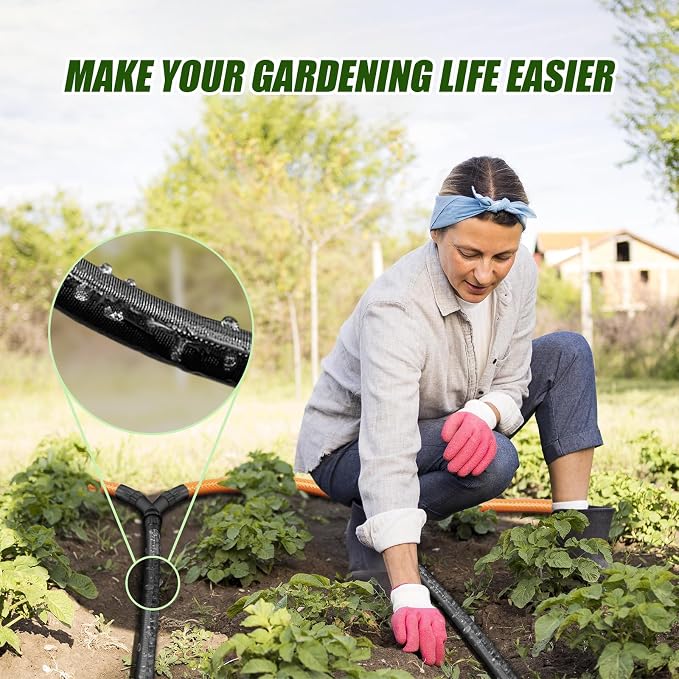 Flat Soaker Hose, Garden Hose with Heavy Duty Double Layer Design, Drip Irrigation Hose Saves 80% Water, Leak Proof Sprinkler Hose for Garden, Lawn, Vegetable plot (50FT)