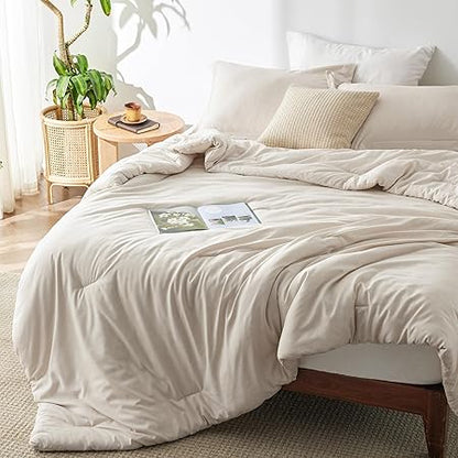 Bedsure Queen Comforter Set - Beige Soft Bedding for All Seasons, Cationic Dyed Bed Set, 3 Pieces, 1 Queen Size Comforter (90"x90") and 2 Pillow Shams (20"x26"2")