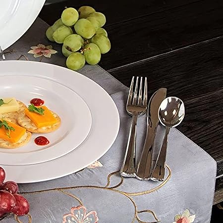 Plastic Cutlery Silverware Extra Heavyweight Disposable Flatware, Full Size Plastic Spoons Like Silver 24 Pack