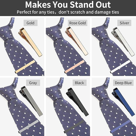 6 Pcs Tie Clips for Men, 6 Classic Colors Shiny & Glossy Tie Bar, Ideal for Father, Husband, Boyfriend, Business, Wedding, Tie Pins with Gift Box