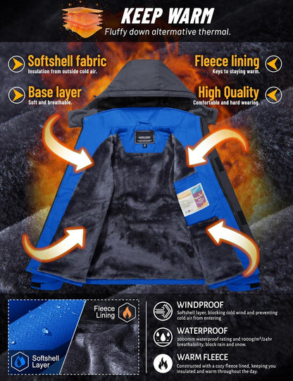TACVASEN Men's Winter Ski Jacket Waterproof Warm Fleece Snow Coat with Hood | Windproof Breathable Fabric, Thermal Lined, Detachable Hood, 4 Pockets, Skiing, Snowboarding, Work, Hiking