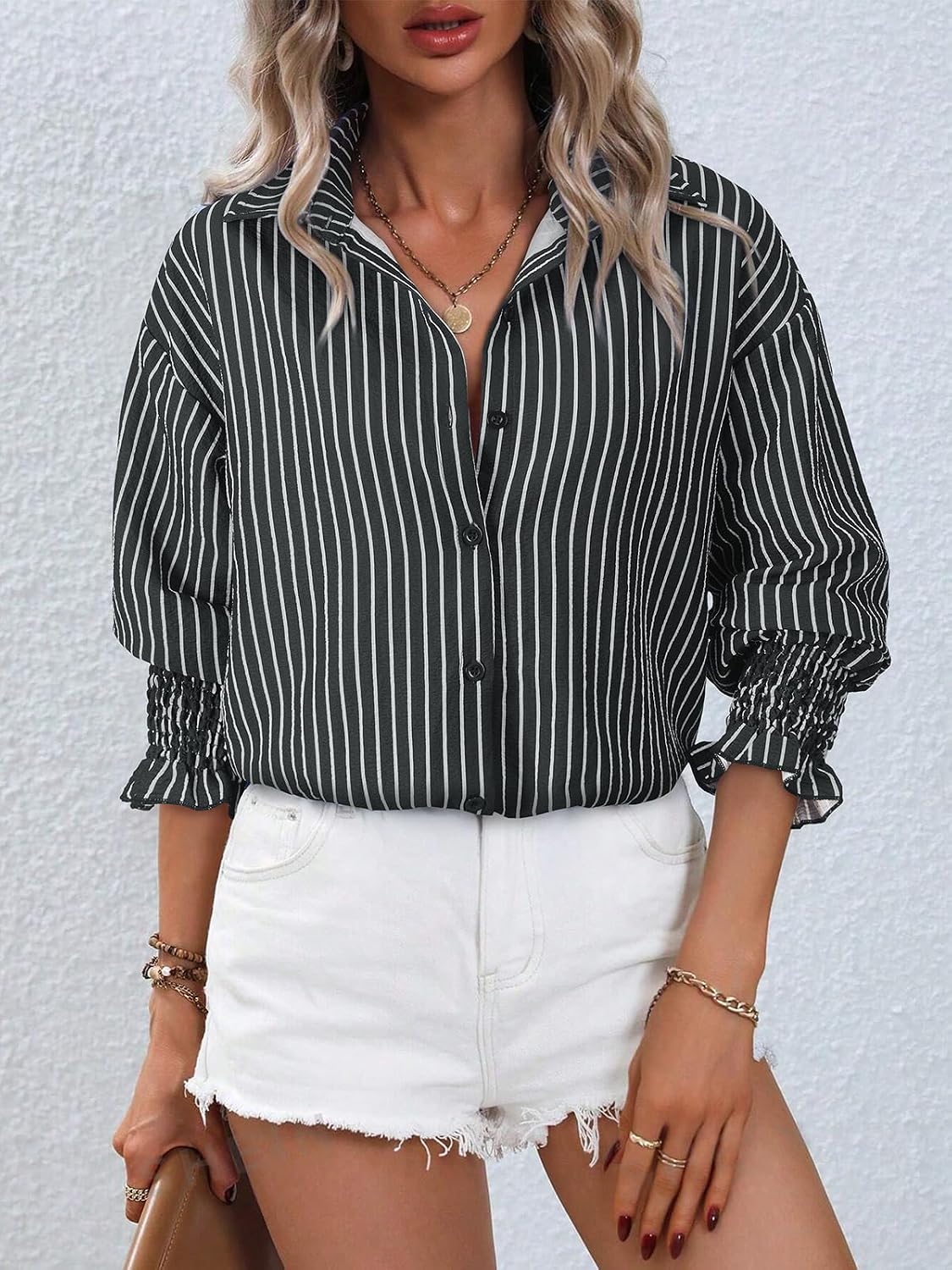 Women's Striped Button Down Shirts Long Sleeve Smocked Cuffed Oversized Boyfriend Blouses Collared Work No Pockets Tops