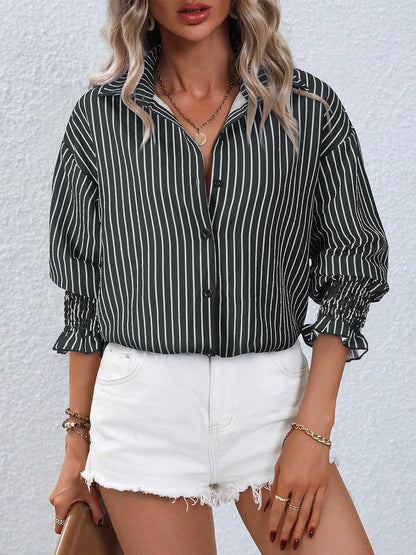 Women's Striped Button Down Shirts Long Sleeve Smocked Cuffed Oversized Boyfriend Blouses Collared Work No Pockets Tops