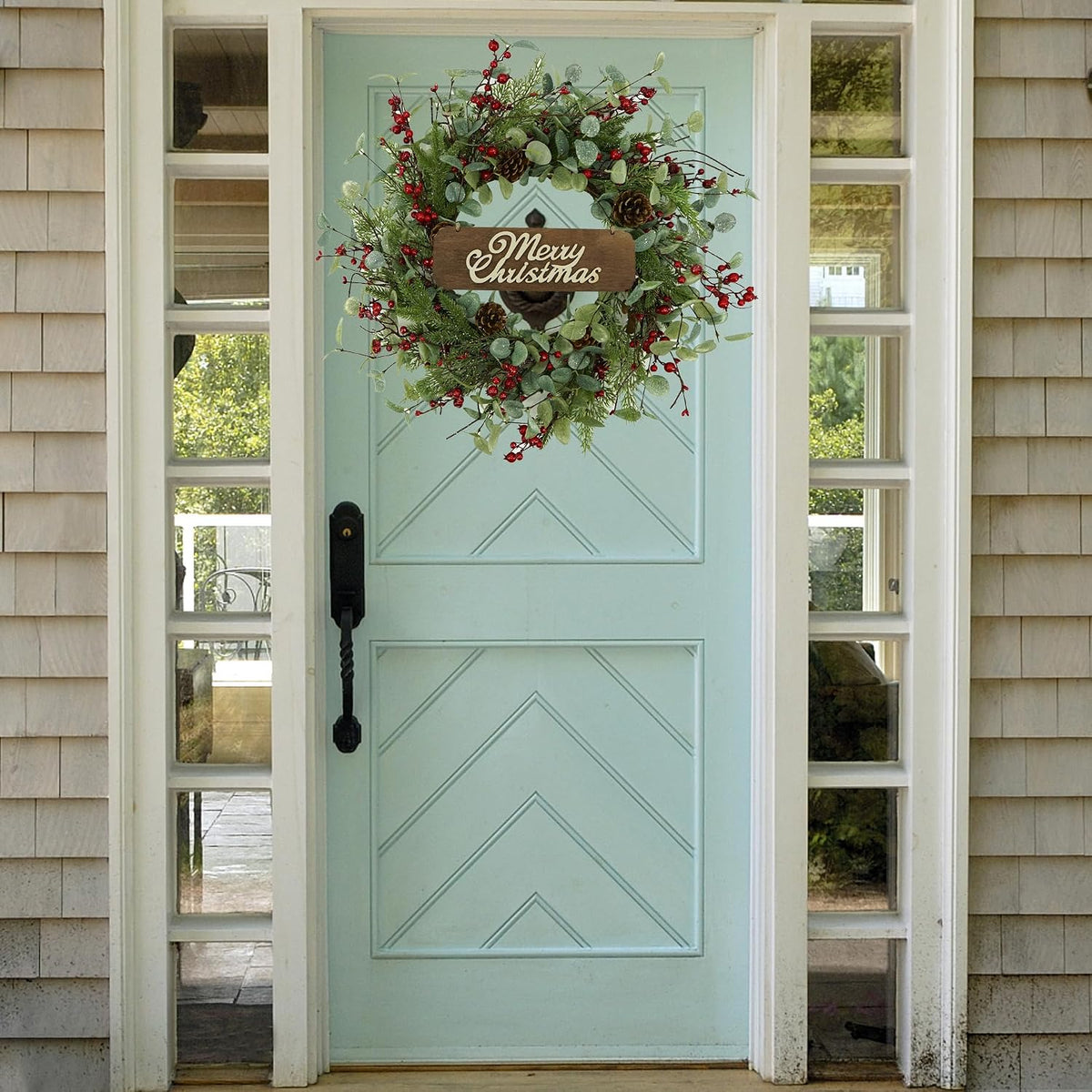 Artificial Christmas Wreath with Non-Sparkling Leaves and Pine Needles are paired with Plump Pine and red Berries,Wreath for Indoor Wall Window Decor.