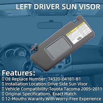 Dasbecan Left Driver Side Sun Visor Compatible with Toyota Tacoma 2005-2012 2013 2014 2015 74320-04181-B1 Gray Without Light