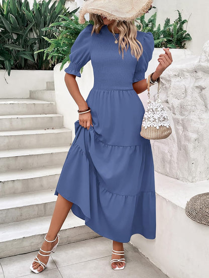 BTFBM Women Casual Summer Dresses 2026 Spring Crew Neck Ruffle Short Sleeve Smocked Floral Boho Flowy Maxi Dress Clothes