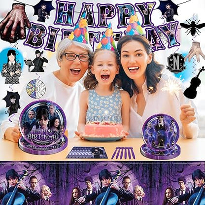 111Pcs Happy Birthday Decorations Tableware Set for 20 Guests, includes Banner, Hanging Swirls, Foil Balloon, Plates, Napkins, Fork, Tablecloth, Birthday Party Supplies