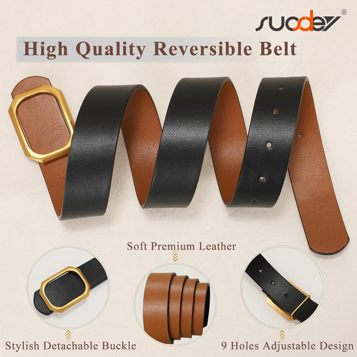 SUOSDEY Women Reversible Leather Belt for Jeans Pants Dresses Ladies Waist Belt, 1.3" Width Fits Waist Size from 38"