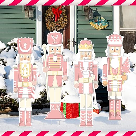 Geetery 4 Pcs Large Christmas Nutcracker Yard Sign with 16 Stakes Christmas Yard Decorations Outdoor Holiday Xmas Nutcracker Cute Christmas Outside Lawn Decor for Garden Pathway Party (Pink)