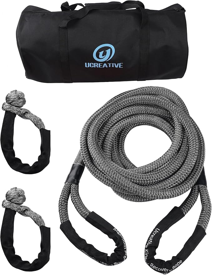 Ucreative 1" x 30' Kinetic Recovery & Tow Rope Kit Max 48,000 lbs Breaking Strength with 2PCS Synthetic Soft Shackles for Off-Road Vehicle 4WD Pick Up Truck SUV (Gray)