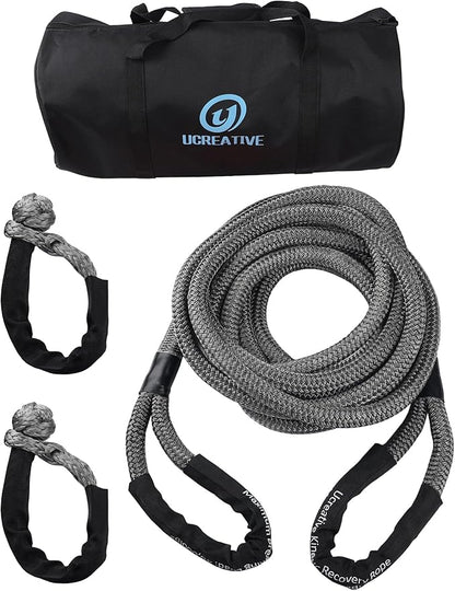 Ucreative 1" x 30' Kinetic Recovery & Tow Rope Kit Max 48,000 lbs Breaking Strength with 2PCS Synthetic Soft Shackles for Off-Road Vehicle 4WD Pick Up Truck SUV (Gray)