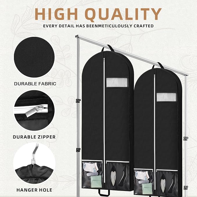 54" Garment Bags for Travel and Storage, Travel Suit Bags for Men Women with 2 Clear Pockets, Storage bags for Clothes, Suits, Dress, Shirts, Coats 2pcs Black
