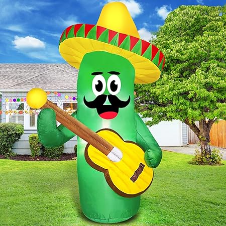 TURNMEON 8 Ft Tall Inflatable Cactus Mexican Fiesta Party Decorations with Taco Sombreros Guitar LED Lights Blow Up Mexican Day of The Dead Fiesta Party Favors for Yard Lawn Dia de Los Muertos Decor