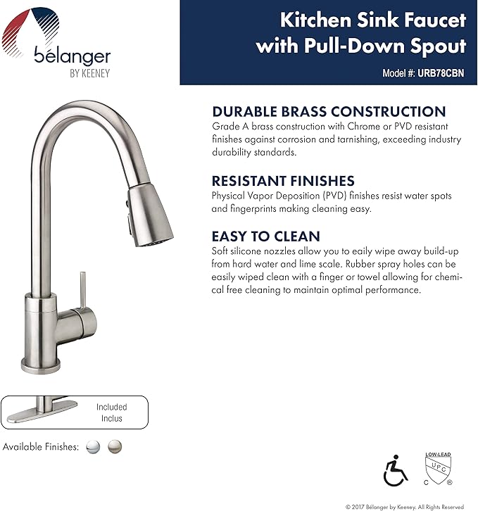 Plumb Pak URB78CBN Single Handle Pull Down Kitchen Faucet with Dual Spray Pattern and Pause Button, Brushed Nickel