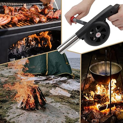GkGk Hand Crank BBQ Fan, Portable Barbeque Air Blower with Manual Handle Speed Control and Metal Fan Blade for Outdoor Barbecue Fire Bellow, Camping and Hiking Picnic