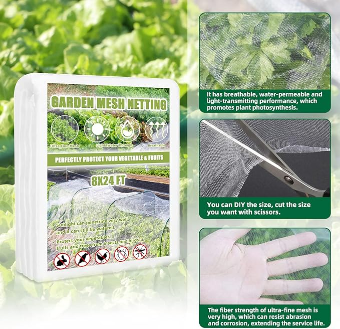 8x24 Ft Garden Netting, Pest Barrier Bird Ultra Fine Mesh Netting with 16 Clips for Garden Raised Beds Garden Plants Net Protection Vegetable Fruit Flowers Outdoor Greenhouse Row Cover
