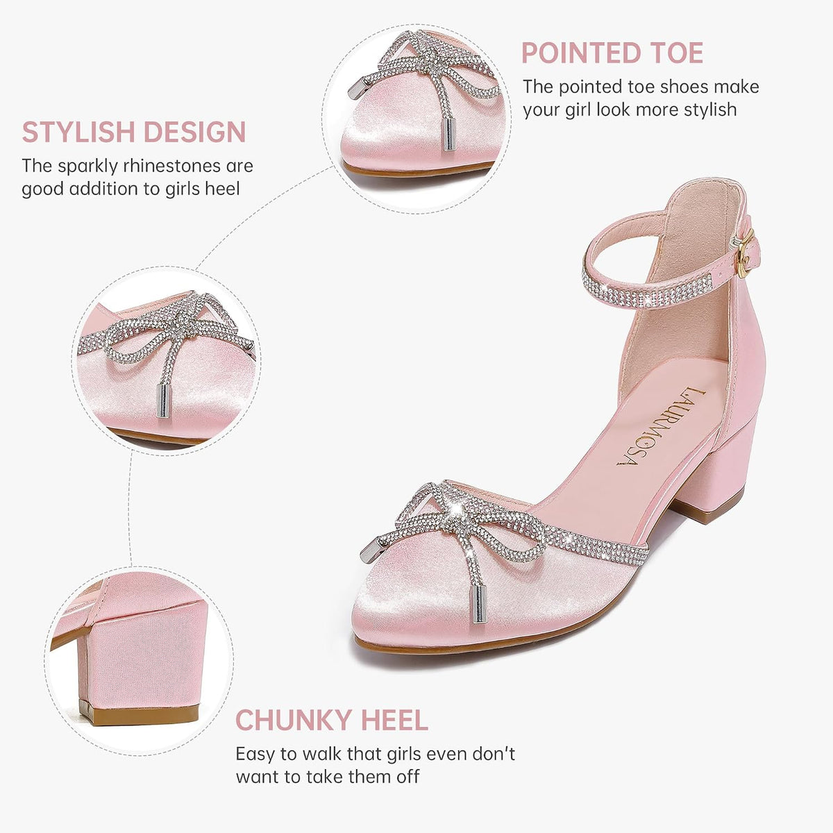 LAURMOSA Girls Sandals Closed Toe High Heels Pointed Toe Ankle Strap Pumps Flower Girl Dressy Shoes in Wedding Party Cute Bowknot Chunky Block Heeled for Little Big Kids (Little Kids Size 11)