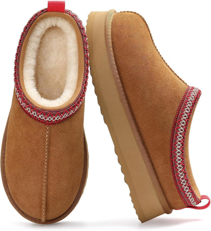 Genuine Suede Platform Slippers for Women Fuzzy Winter Warm Shoes Indoor Outdoor