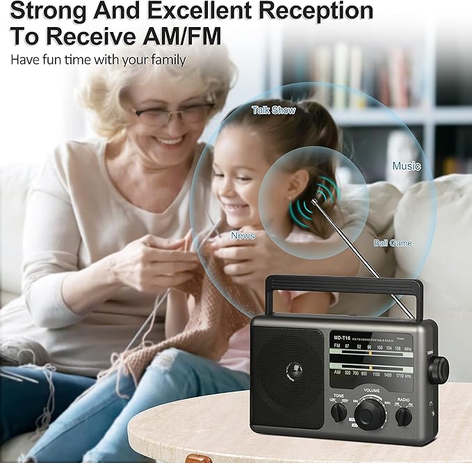 4X Portable AMFM Radio - Battery Operated (4 D Cell Batteries or AC Power) with Big Speaker, Standard Earphone Jack, HighLow Tone Mode, Large Knob