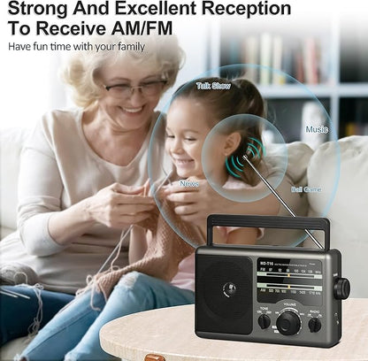 4X Portable AMFM Radio - Battery Operated (4 D Cell Batteries or AC Power) with Big Speaker, Standard Earphone Jack, HighLow Tone Mode, Large Knob