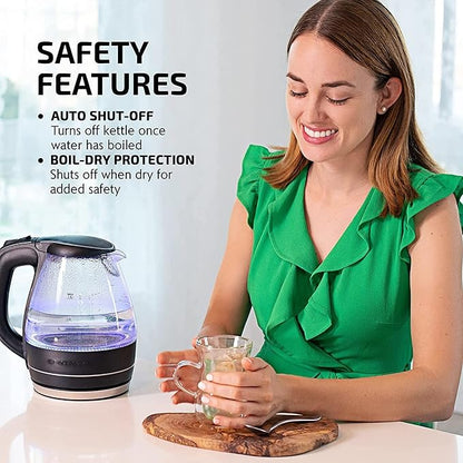 OVENTE Glass Electric Kettle Water Boiler 1.5 Liter Borosilicate Glass Fast Boiling Countertop Heater - BPA Free Auto Shut Off Instant Water Heater Kettle for Coffee  Tea Maker - Black KG83B