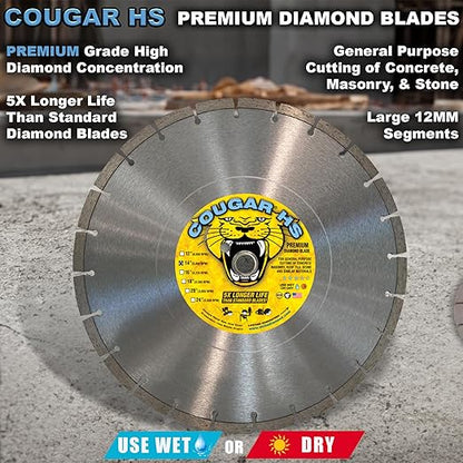 Delta Diamond Cougar HS 14 inch Diamond Blade, Premium, Segmented, General Purpose Dry or Wet Cutting of Concrete, Block, Paver, Brick (14" X 1"-20mm Arbor)