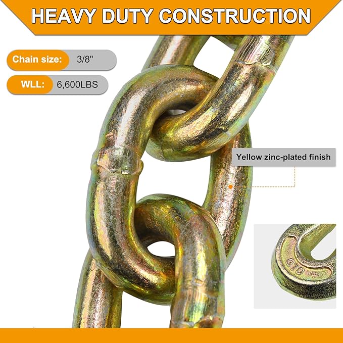 3/8 inch x 20 Feet G70 Binder Chain with Clevis Grab Hook 6,600 lbs WLL Transport Chain Tie Down Binder Chain for Flatbed, Truck, Farm 1 Piece