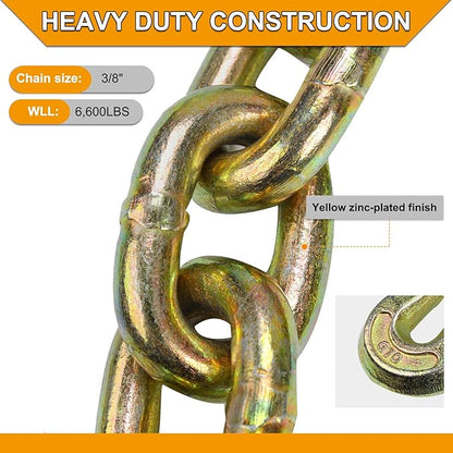 3/8 inch x 20 Feet G70 Binder Chain with Clevis Grab Hook 6,600 lbs WLL Transport Chain Tie Down Binder Chain for Flatbed, Truck, Farm 1 Piece