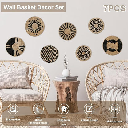 7 Pack Boho Wall Basket Decor, Hanging Woven Basket Wall Decor, Handmade Seagrass Rattan Wicker Wall Decoration, Round Rustic Bohemian Flat Seagrass Baskets for Home Living Room