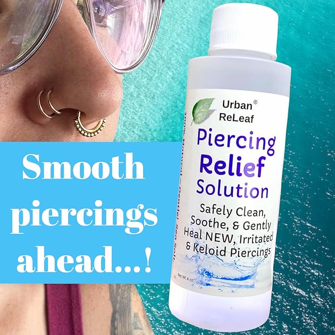 Urban ReLeaf PIERCING RELIEF Solution ! Safely Clean, Soothe  Gently Calm New, Irritated and Bumpy Piercings. 100 Natural Sea Salt, Tea Tree, Rosemary