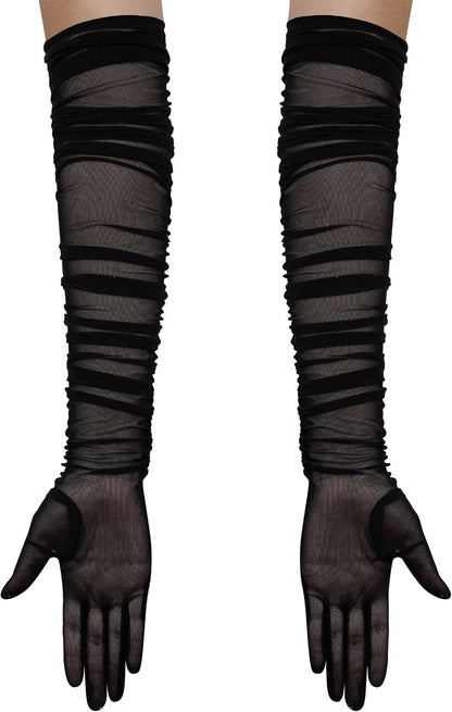 Hazhlko Women's Super Long Stretchy Ruched Mesh Tulle Sheer Gloves Costume Opera Party 1920's Dance Gloves