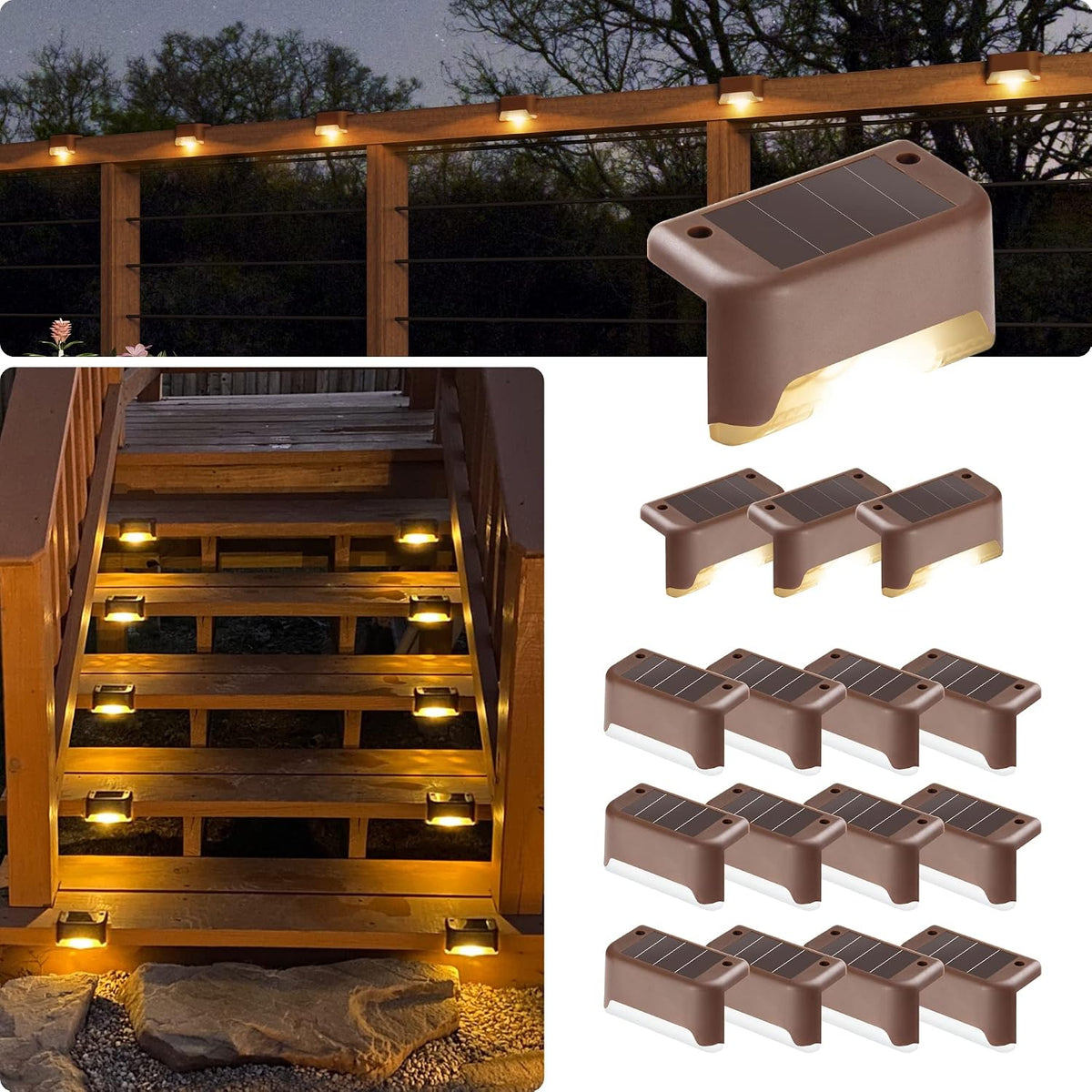 Led Solar Deck Lights, 16 Pack Waterproof for Outdoor Stairs, Step, Fence, Railing, Yard and Patio (Warm White)