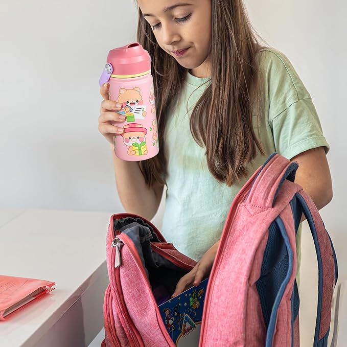 AGH 12oz Stainless Steel Kids Water Bottle with Straw,Double Wall Vacuum Tumbler for Traveling or School - White
