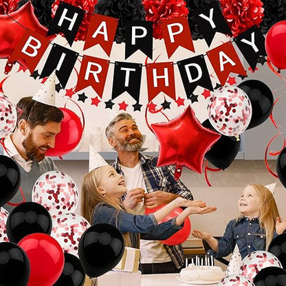 Black and Red Birthday Decorations, Happy Birthday Decorations with Banner for Boys Girls Men Women Birthday Party Decorations Supplies