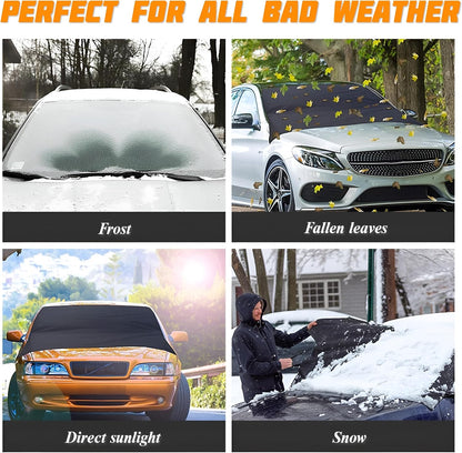 Car Windshield Snow Cover, 2 Layers Waterproof Windproof Oxford Fabric Windscreen Protection for Frost Ice Sunlight, All Weather Automotive Sun Shade Windshield Cover, Universal Fit
