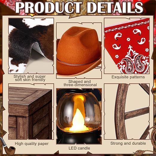 ROCEEI 40 Pcs Cowboy Theme Party Decoration Western Party Decor Rodeo Table Centerpieces Mini Cowboy Hats Lantern Carton Horseshoe Wheel Red Pull Flag Scarf Decorative for Adults Cowgirl Farm Party