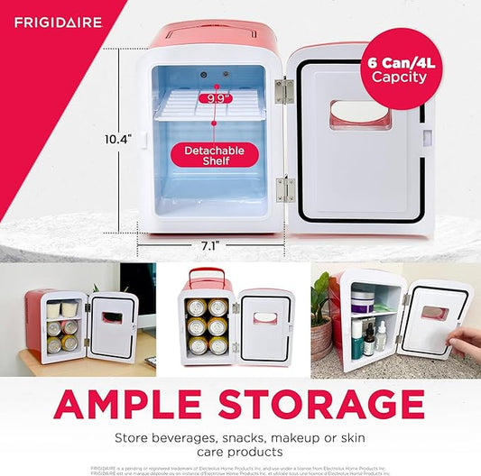 Frigidaire EFMIS129-RED_CP4 Mini Personal Fridge Cooler, 1 Gal Capacity fits Six Cans, Includes Plugs for Home Outlet & DC Charger-9.84" D x 7.09" W x 10.35" H, standard