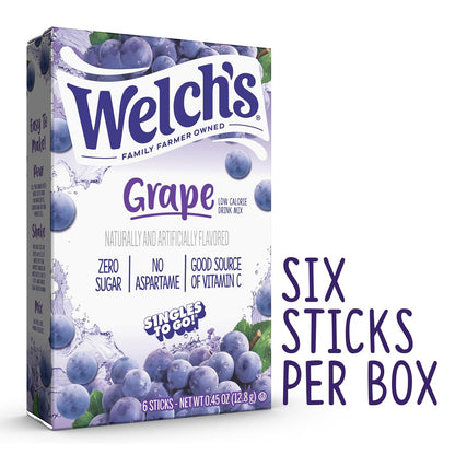 Welch's Singles To Go Water Drink Mix - Powder Sticks, 12 Boxes with 6 Packets Each - 72 Total Servings, Grape, 0.45 Ounce (Single Box, contains 6 sticks)