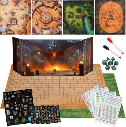 CZYY RPG Starter Set, Foldable Battle Mat, DM Screen, Game Tokens & Dice 2-Sided Wet & Dry Erase Terrain Map, Scenery Pieces & Marker Pens, DND Starter Accessories, Gift for Player & Dungeon Master