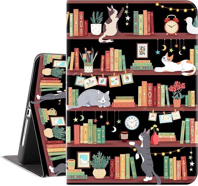 iPad Air 2 CaseiPad Air Case, iPad 9.7 Case for iPad 5th6th Generation Case 20172018 Kids Men Women Soft Back Shockproof Cover Multi -Angle View Adjustable Stand Auto WakeSleep, Bookshelf Cat