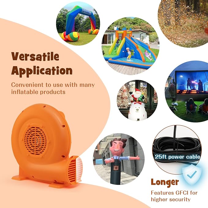 Costzon Air Blower, 380W 0.5HP Bounce House Blower with 25 FT SJTW Wire & Stakes, IPX4 Air Blower for Inflatables, ETL, GFCI Plug, Perfect for Inflatable Bouncer Blower, Jumper, Bouncy Castle Orange