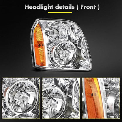 Headlights Assembly Pair Fit For 2007-2014 For GMC Yukon 2007-2014 For GMC Yukon XL 1500 2007-2013 For GMC Yukon XL 2500 Chrome Housing Amber Reflector Clear Lens Replace 15861025 15861026