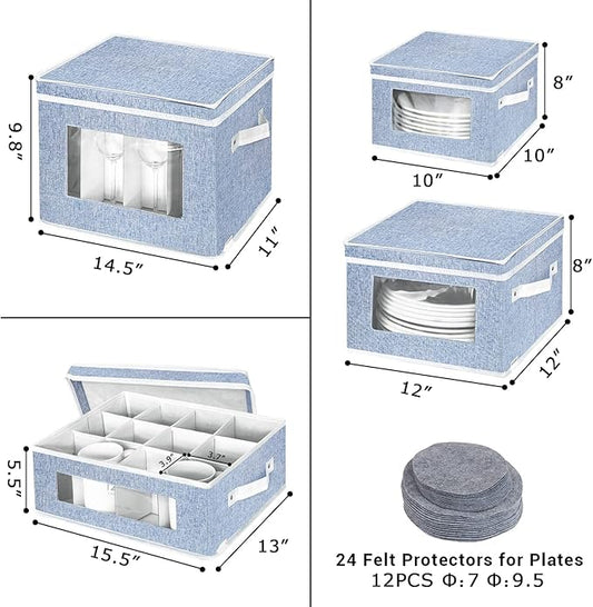 China Storage Containers,Wine Glass Mug Plate Dish Stemware Storage Box with Dividers,Hard Shell Dinnerware Case with 24 Felt Protectors for Crystal Glassware,Coffee Cup,Bowl Packing  Moving (Blue)