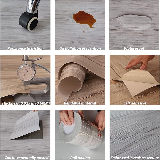 36 Pack of Waterproof Self-Adhesive Tiles, No Sticky Residue Left, 54 Square Feet, Self-Adhesive Wood Tile Vinyl for Home (36 x 6 inches, Dusty Grey)