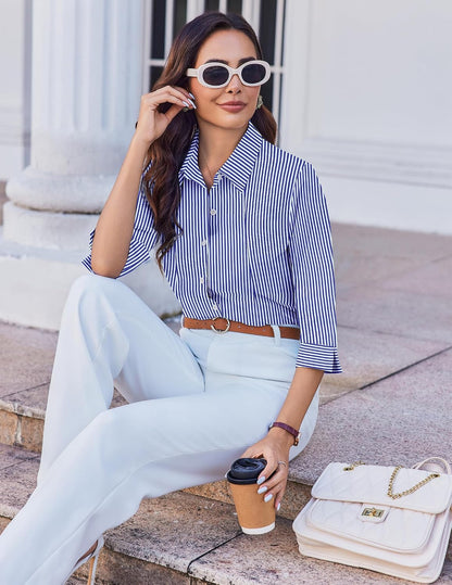 Women's 3/4 Sleeve Slim Fit V-Neck Button Down Shirt