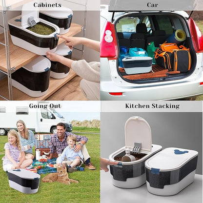 BNOSDM Cartoon Cat Food Storage Container 10-15 Lbs Dog Food Bin with Spring Lid and Cute Scoop, Plastic Pet Storage Container for Cat Dog Bird Dry Food (Blue)